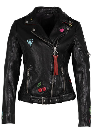 Step out in style with Tavi, a unique twist on the classic moto jacket. Crafted from genuine leather, the piece has a whimsical design with embroidered patches that will give you an edgy look!