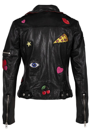 Step out in style with Tavi, a unique twist on the classic moto jacket. Crafted from genuine leather, the piece has a whimsical design with embroidered patches that will give you an edgy look!