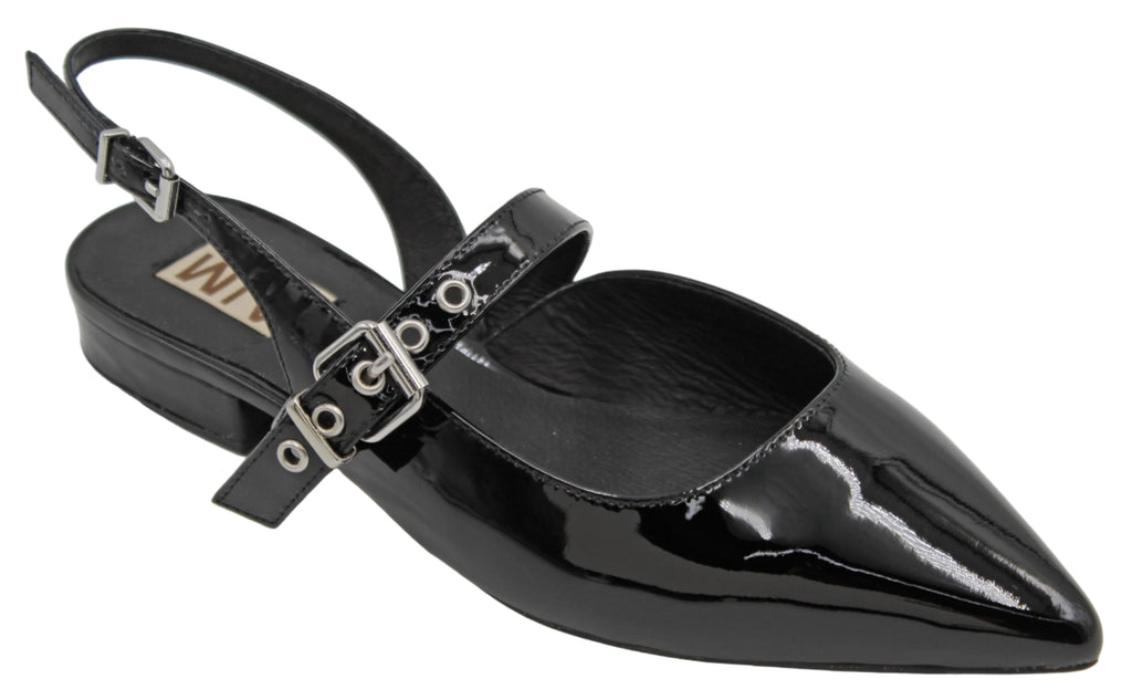 Black patent leather slingback shoe with a buckle on a light gray background