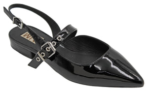 Black patent leather slingback shoe with a buckle on a light gray background