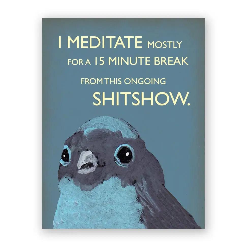 Poster with a bird illustration and humorous text on a blue background