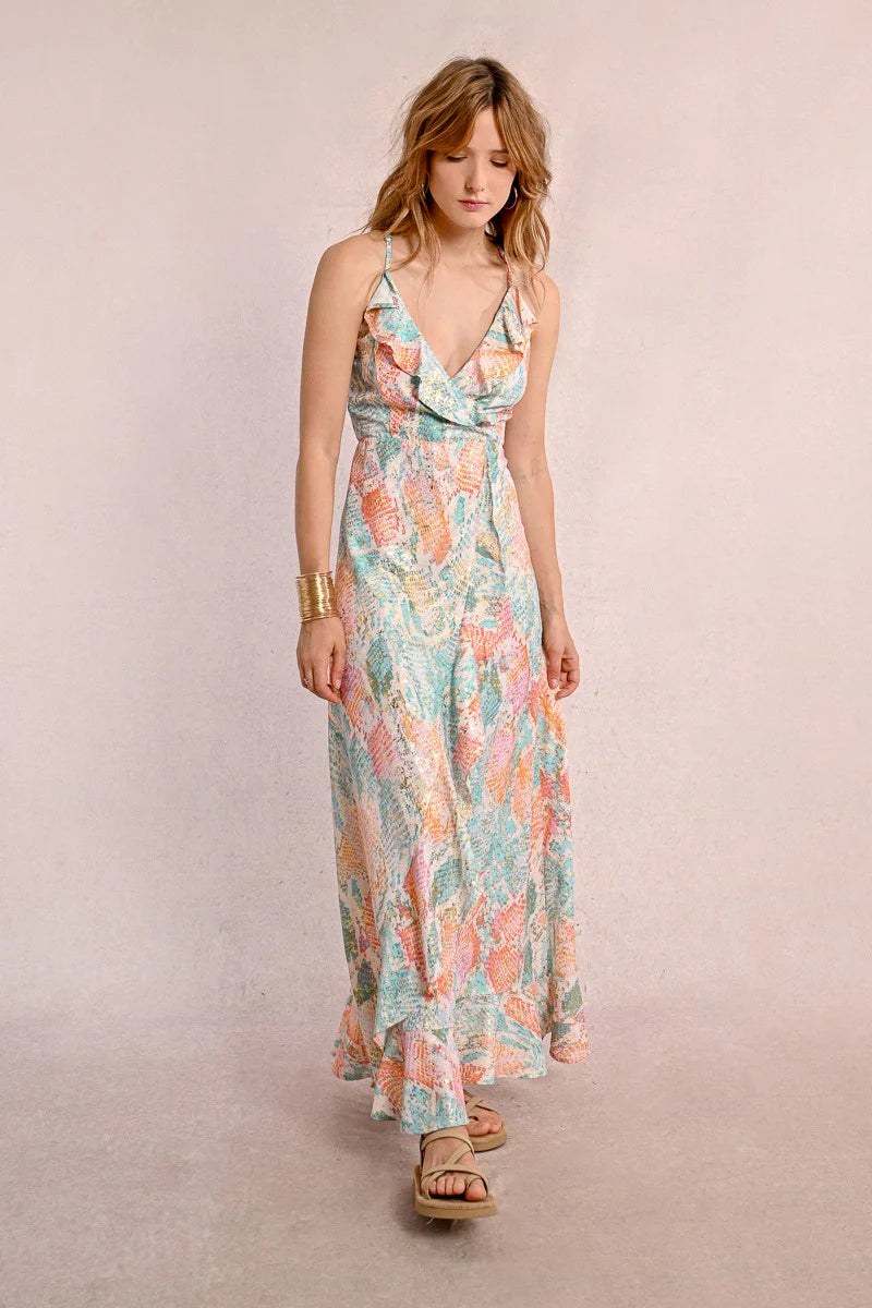 Step into the spotlight with our Jazz dress by Molly Bracken! This flirty number features delicate thin straps and a flatteringly crossed V neckline adorned with playful ruffled bands.