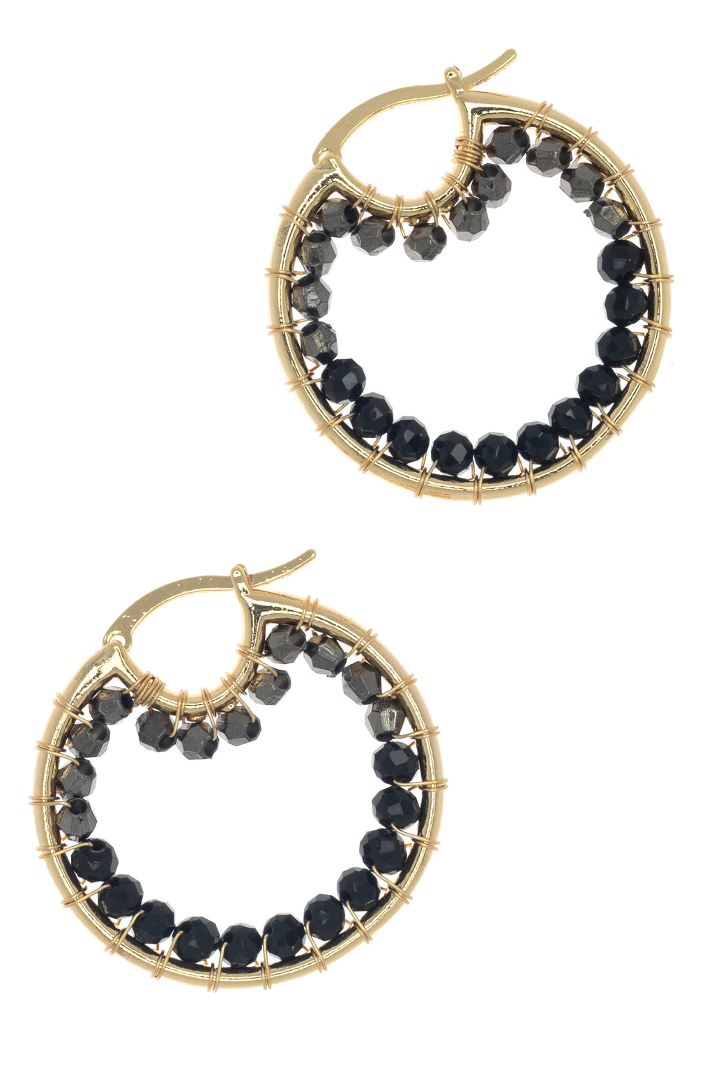 Gold hoop earrings with black beads on a white background