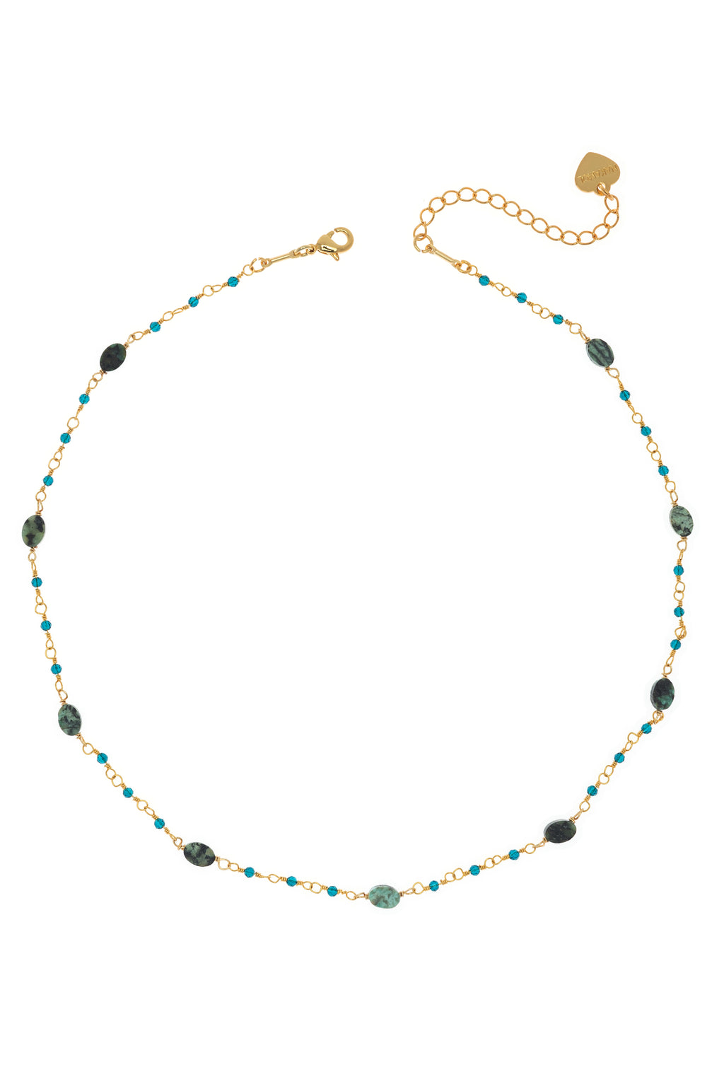 Necklace with green and gold beads on a white background