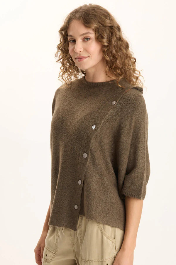 Woman wearing a brown cardigan on a white background