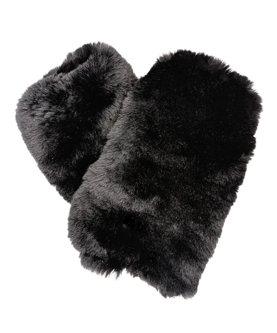 Black fluffy gloves on a white background