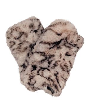 Pair of fluffy animal print slippers on a white background