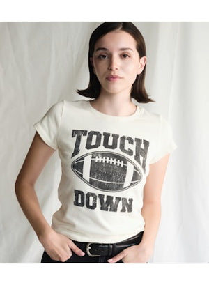 Person wearing a white t-shirt with 'Touchdown' and football graphic on a plain background