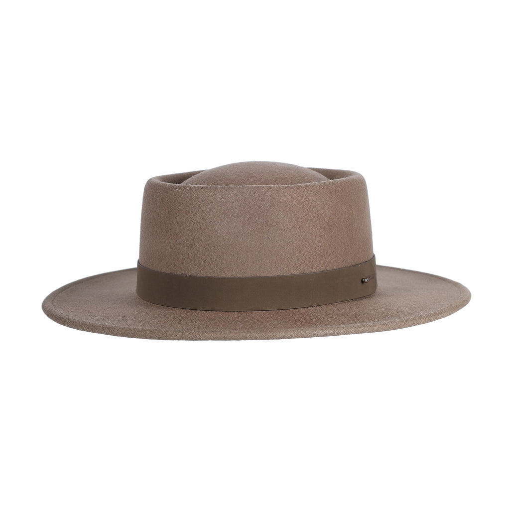 Brown fedora hat with a wide brim on a white background