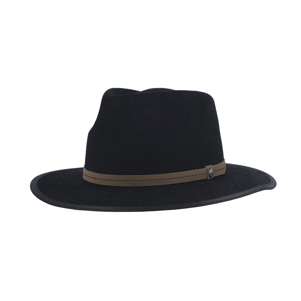 Black fedora hat with a brown band on a white background