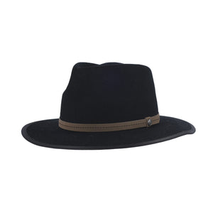 Black fedora hat with a brown band on a white background
