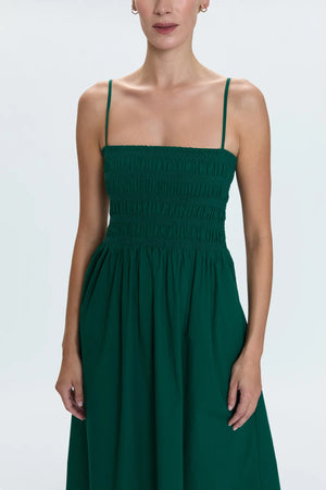 Breezy day dress crafted from a flowing, lightweight fabrication designed for warm weather wear. Smocked bodice with ruched design details, topped with adjustable shoulder straps.&nbsp;