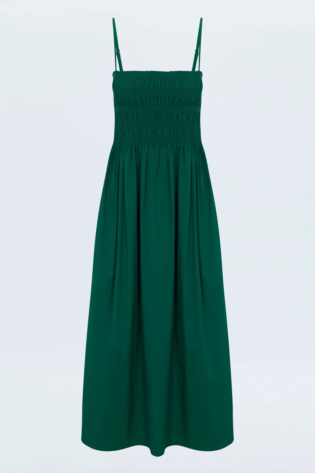 Breezy day dress crafted from a flowing, lightweight fabrication designed for warm weather wear. Smocked bodice with ruched design details, topped with adjustable shoulder straps.&nbsp;
