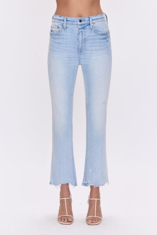 High rise waist with a boot cut leg silhouette and cropped ankle hem. Crafted from our best selling comfort-stretch denim. Offered in a light blue wash with whiskering and fading.