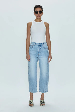 Ray of light. An arresting, modern silhouette achieved designed with a subtle bowed silhouette and a relaxed leg fit. Crafted from our wear-everywhere comfort stretch denim. Sun-kissed is a light blue, blasted denim wash with a contoured, slimming fade and whisker details.