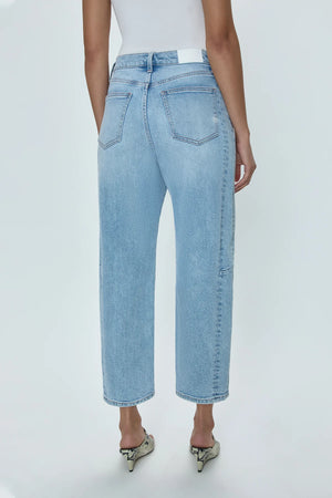 Ray of light. An arresting, modern silhouette achieved designed with a subtle bowed silhouette and a relaxed leg fit. Crafted from our wear-everywhere comfort stretch denim. Sun-kissed is a light blue, blasted denim wash with a contoured, slimming fade and whisker details.