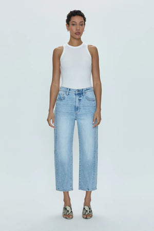 Ray of light. An arresting, modern silhouette achieved designed with a subtle bowed silhouette and a relaxed leg fit. Crafted from our wear-everywhere comfort stretch denim. Sun-kissed is a light blue, blasted denim wash with a contoured, slimming fade and whisker details.
