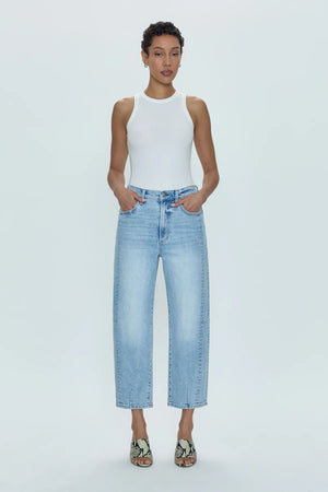 Ray of light. An arresting, modern silhouette achieved designed with a subtle bowed silhouette and a relaxed leg fit. Crafted from our wear-everywhere comfort stretch denim. Sun-kissed is a light blue, blasted denim wash with a contoured, slimming fade and whisker details.