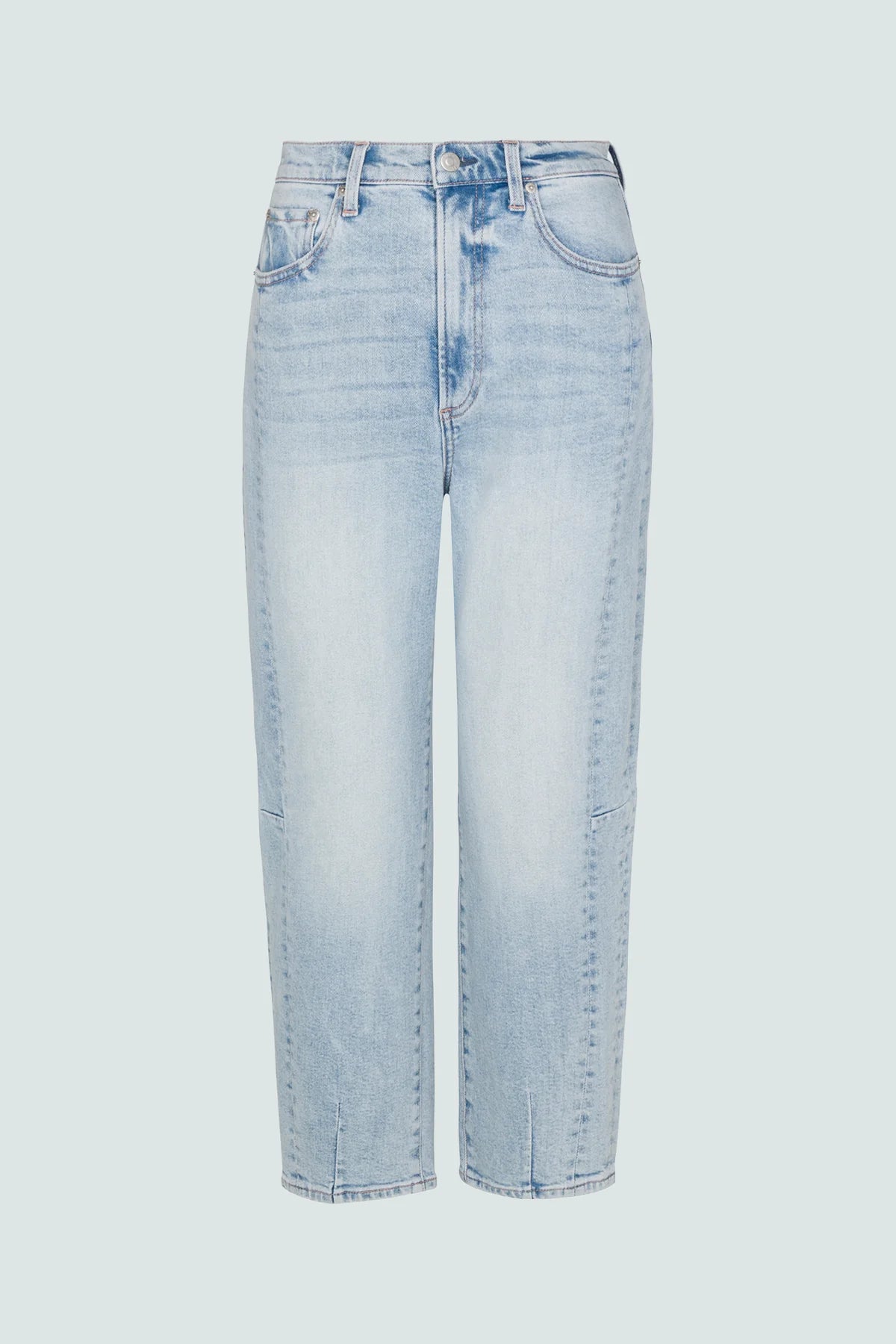 Ray of light. An arresting, modern silhouette achieved designed with a subtle bowed silhouette and a relaxed leg fit. Crafted from our wear-everywhere comfort stretch denim. Sun-kissed is a light blue, blasted denim wash with a contoured, slimming fade and whisker details.