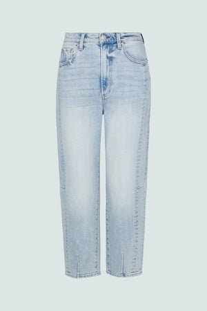 Ray of light. An arresting, modern silhouette achieved designed with a subtle bowed silhouette and a relaxed leg fit. Crafted from our wear-everywhere comfort stretch denim. Sun-kissed is a light blue, blasted denim wash with a contoured, slimming fade and whisker details.