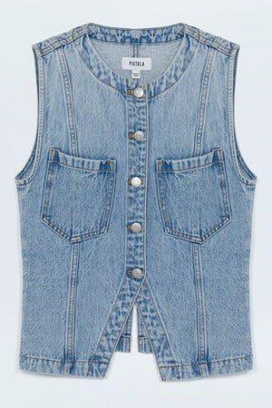 The GIA Vest is crafted from our premium rigid denim, engineered to maintain its striking shape and structure wear after wear. Thoughtful seaming details subtly elevate your look, complemented by sleek chest pockets and a modern split hem.