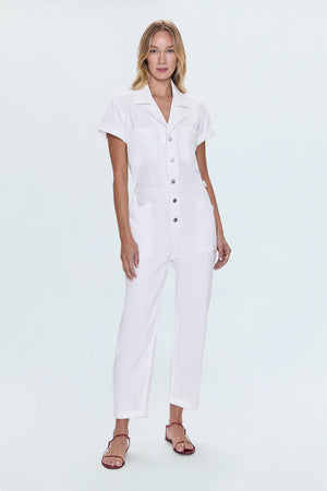 All-in-one outfitting, expertly realized in our best selling jumpsuit silhouette. Designed for a relaxed fit, with a button up bodice and waist for adjustable coverage and fit options. Vivid White is a pure white wash for a fresh, versatile look.&nbsp;