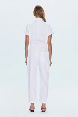 All-in-one outfitting, expertly realized in our best selling jumpsuit silhouette. Designed for a relaxed fit, with a button up bodice and waist for adjustable coverage and fit options. Vivid White is a pure white wash for a fresh, versatile look.&nbsp;
