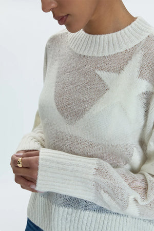 Star power. Ultra lightweight, open knit sheer pullover sweater. With a relaxed, scooped neckline and asymmetrical high low hem. With relaxed single layer ribbing at neckline, cuffs, and hem. Decorated with monochromatic star print motif throughout.&nbsp;