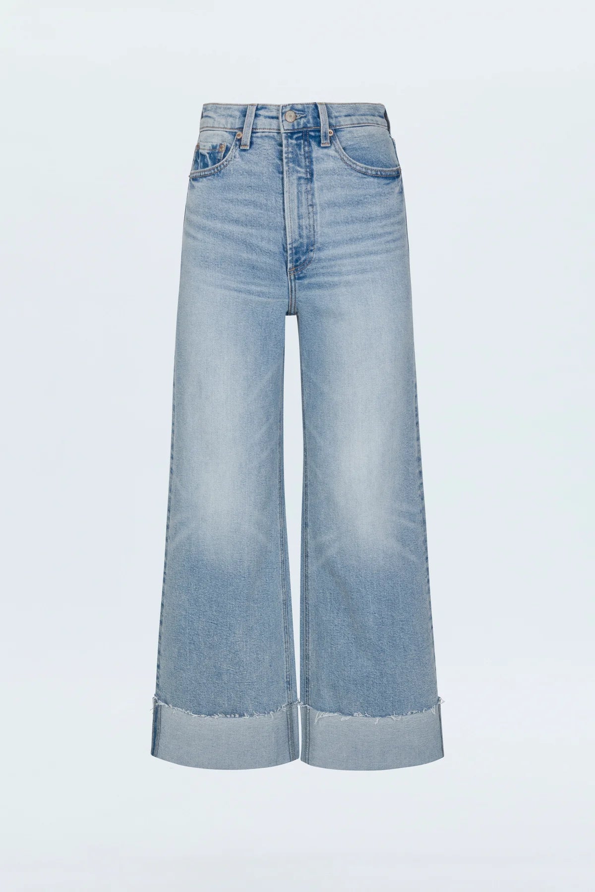 A relaxed, ultra wide leg silhouette with a breezy cropped length cut with a raw finished hem and wide, stitched cuffs. Crafted from our signature comfort stretch denim to provide a structured shape with just the right give. Snowcat is a cool toned light blue denim wash with blasted fading and whiskering and finished with metal hardware.