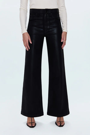 Black wide-leg pants worn by a person on a white background