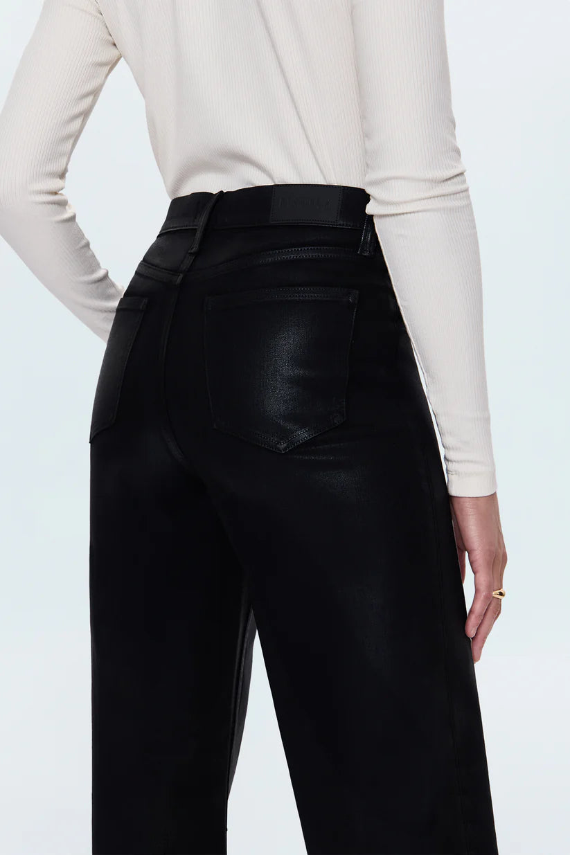 Person wearing black leather pants with a plain background