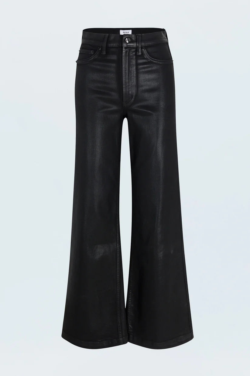 Black flared jeans on a light gray background