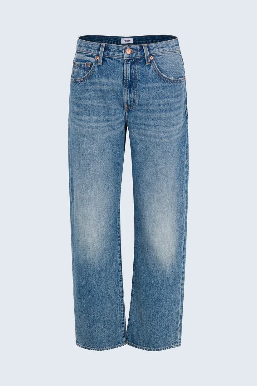 Pair of blue jeans on a light gray background