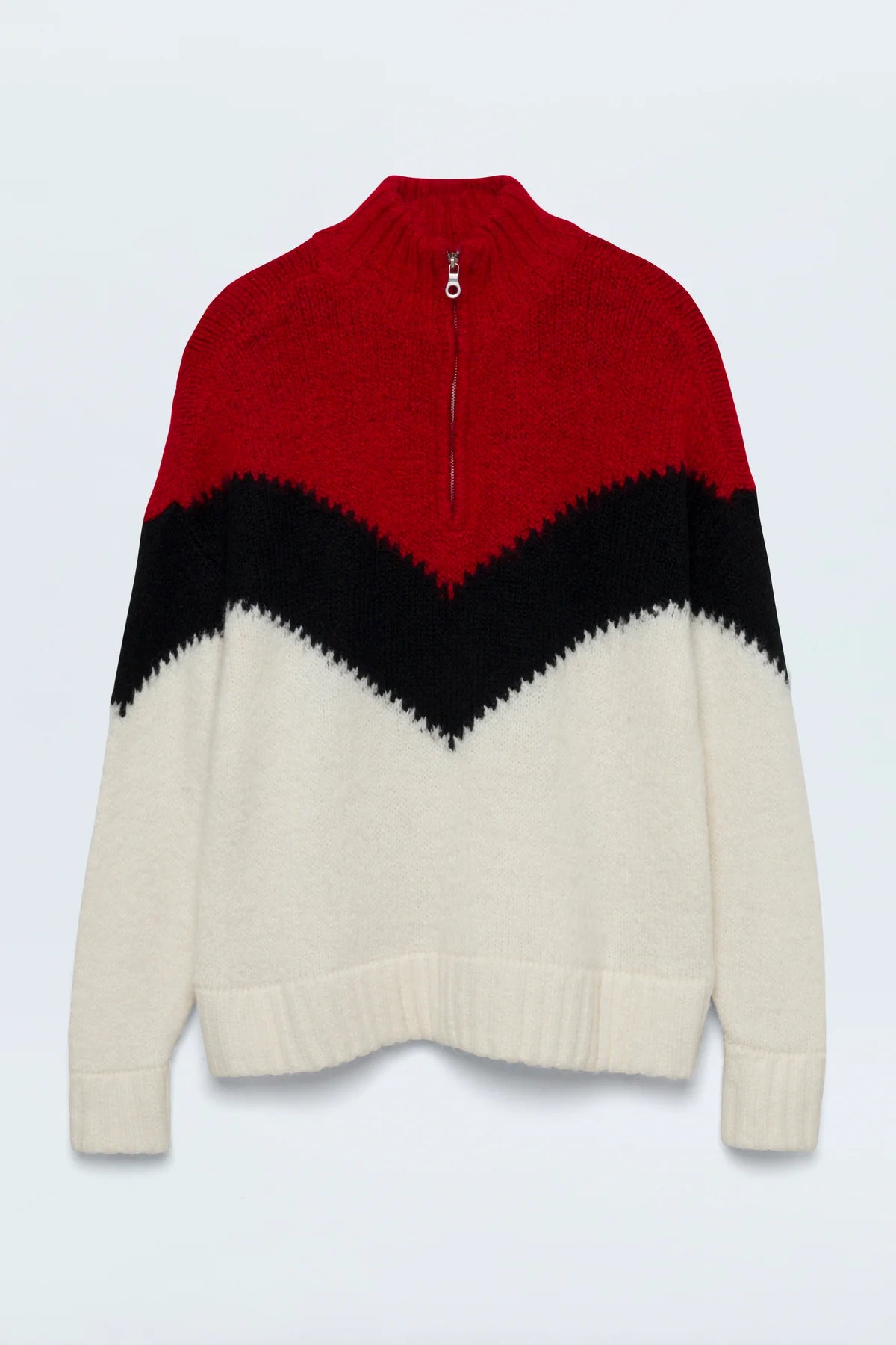 Medium weight pullover sweater with a relaxed pullover fit. With a quarter zip neckline and high sport collar. Lofty ribbing at cuffs and hem. Offered in a multi-colored red and black chevron motif over a cream white base hue.