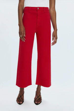 High rise waist, with a wide leg silhouette and a cropped, ankle length hemline. Crafted from our signature comfort stretch denim, with a double stitched waistline and scissor cut hems. Ruby is a vibrant red colored denim that's exclusively ours.