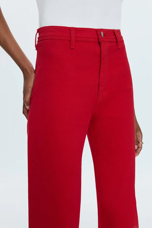High rise waist, with a wide leg silhouette and a cropped, ankle length hemline. Crafted from our signature comfort stretch denim, with a double stitched waistline and scissor cut hems. Ruby is a vibrant red colored denim that's exclusively ours.