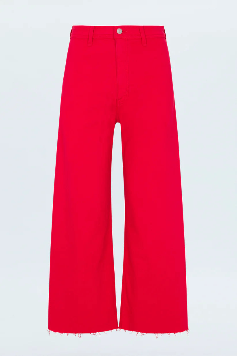 High rise waist, with a wide leg silhouette and a cropped, ankle length hemline. Crafted from our signature comfort stretch denim, with a double stitched waistline and scissor cut hems. Ruby is a vibrant red colored denim that's exclusively ours.