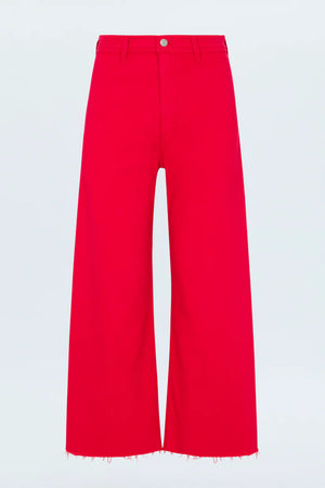 High rise waist, with a wide leg silhouette and a cropped, ankle length hemline. Crafted from our signature comfort stretch denim, with a double stitched waistline and scissor cut hems. Ruby is a vibrant red colored denim that's exclusively ours.