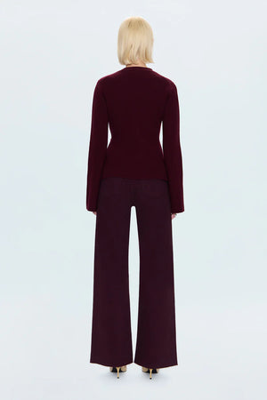 Person wearing a burgundy suit on a light blue background