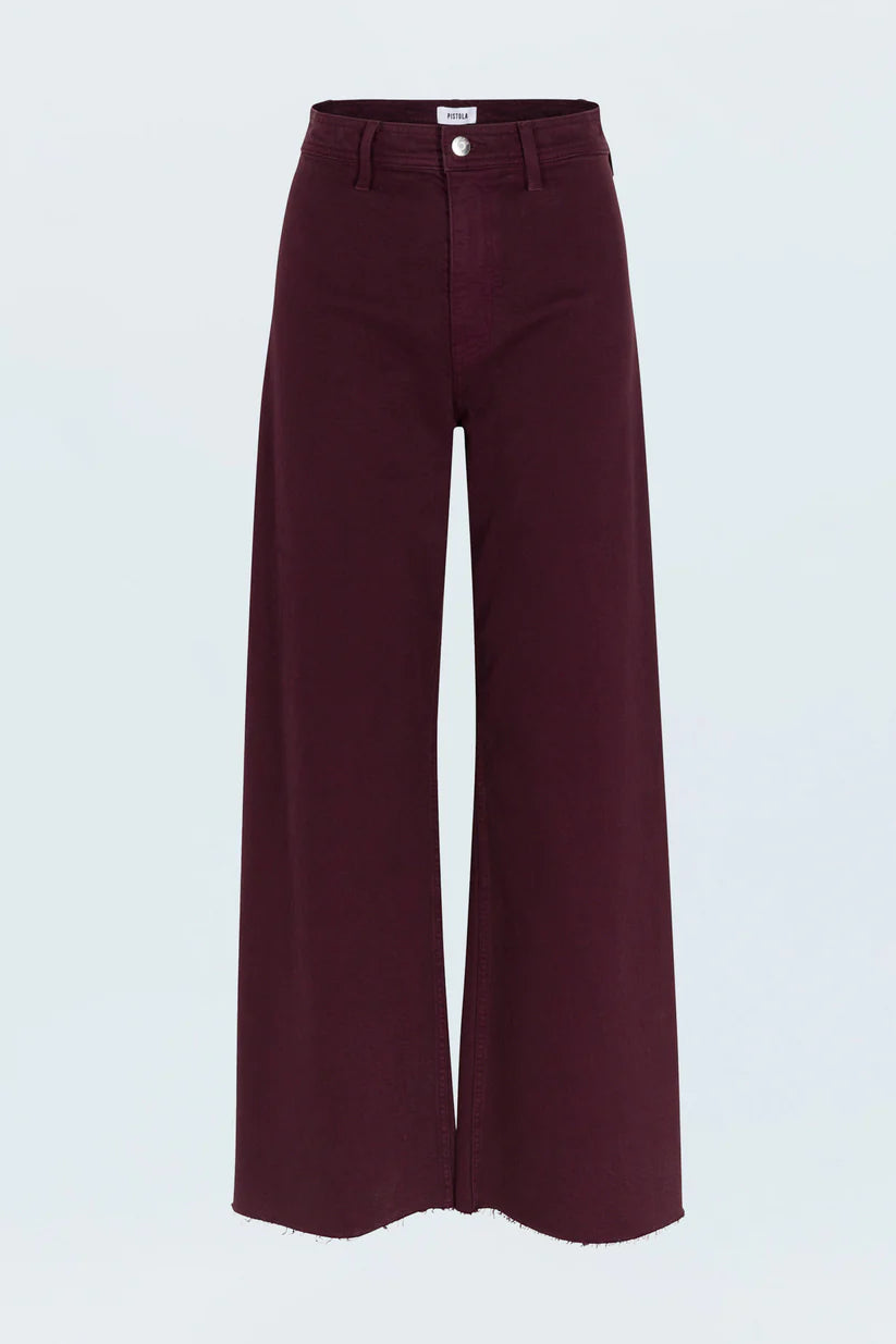 Maroon wide-leg pants on a light gray background