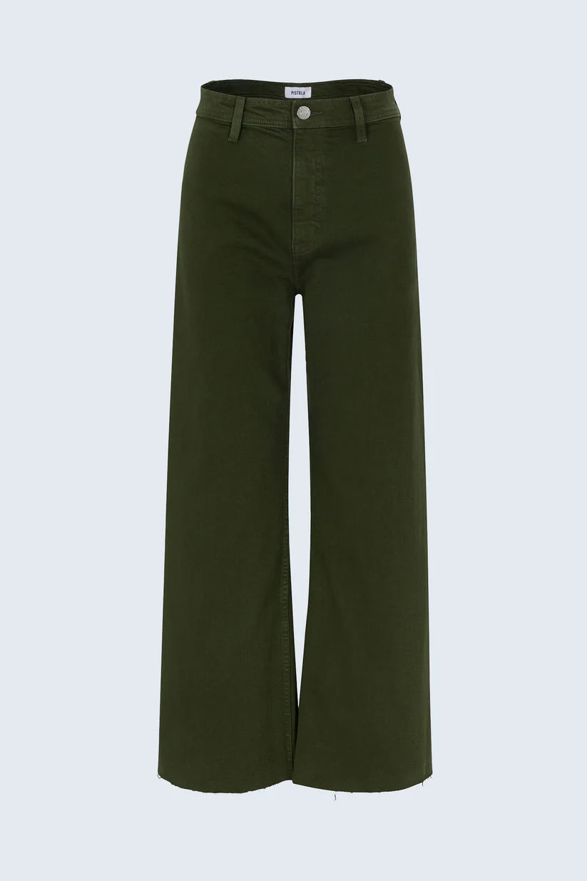 Green wide-leg jeans on a light gray background