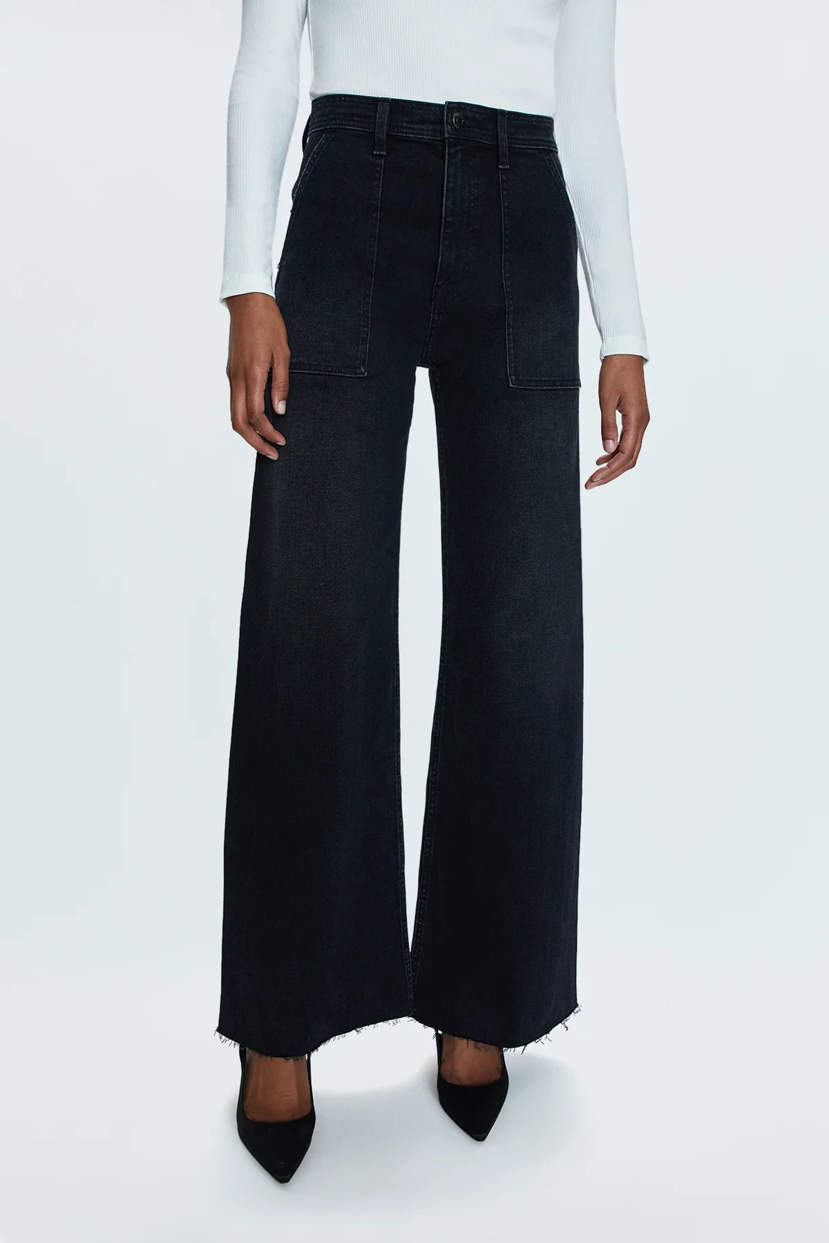 High rise waist, with a wide leg silhouette, front patch pockets and a full length hemline. Crafted from our signature comfort stretch denim, Collins is a washed black denim with utility style patch pockets.