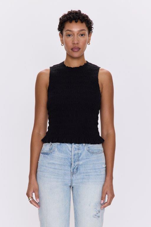 The Phoebe Smocked Tank: where crisp poplin meets effortless elevation. This flattering design, featuring all-over smocking for a textured and supportive fit, pairs seamlessly with our Noelle Skirt or your favorite denim and bottoms, offering versatile sophistication. An essential piece that effortlessly elevates any look with its inherent chicness and exceptional comfort.