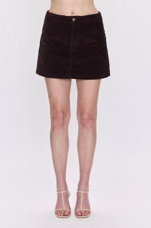 Brown skirt worn by a person on a white background