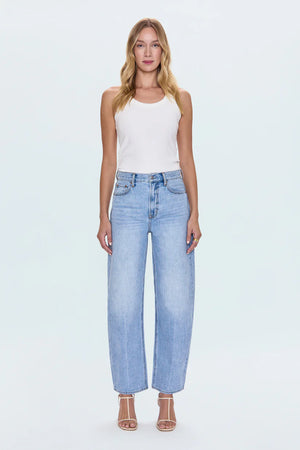 Meet Wes in Gaze, your new go-to for a modern, refined denim look. These jeans feature a flattering high-rise waist and a full-length 30" inseam, leading to a stylish barrel leg silhouette