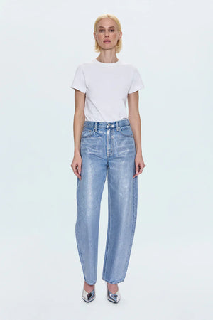Person wearing a white t-shirt and light blue jeans on a white background