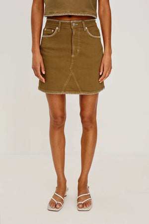Inspired by 'It' girls of the 90s, the Laurel is a high-rise mini with a fitted waist, zipper fly, and A-line shape. Complete with a contrast white blanket stitch in a 100% cotton fabrication, this skirt is an instant classic.