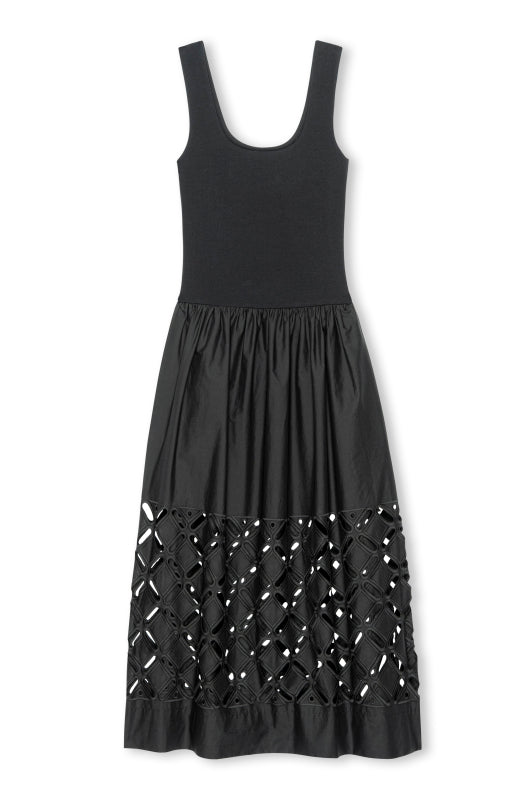 Black sleeveless dress with cut-out pattern on a white background