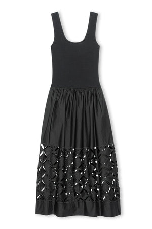 Black sleeveless dress with cut-out pattern on a white background