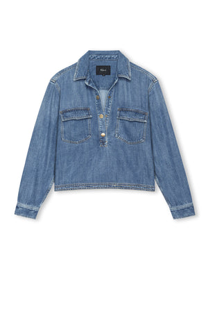 Blue denim jacket on a white background